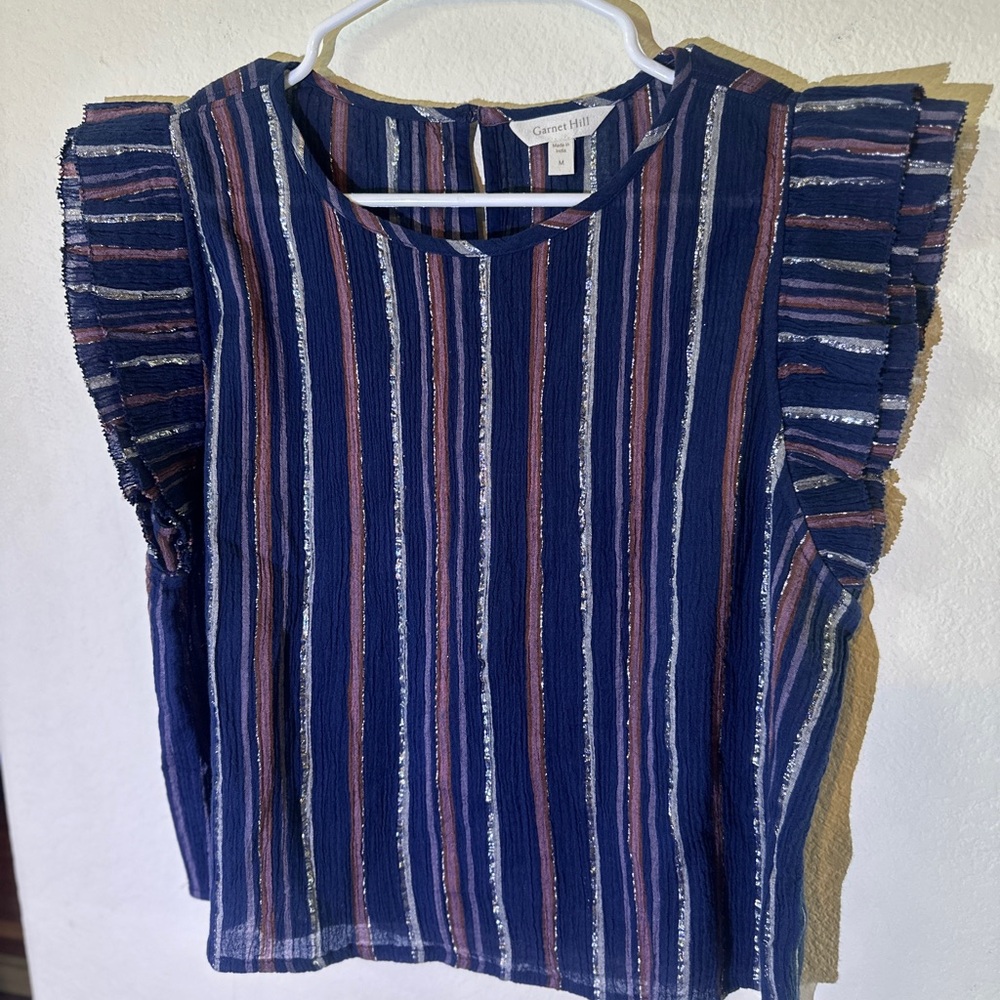 Gibson Latimer Navy and Pink Ruffle Sleeve Blouse